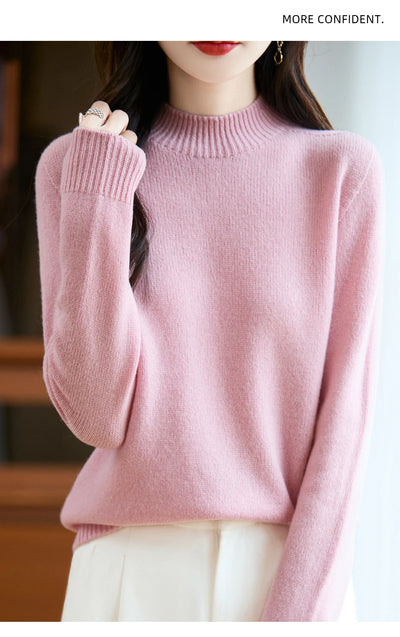 سترة نسائية أساسية للخريف والشتاء أنيقة سميكة من صوف ميرينو 100% محبوكة برقبة وهمية وملابس بأكمام طويلة