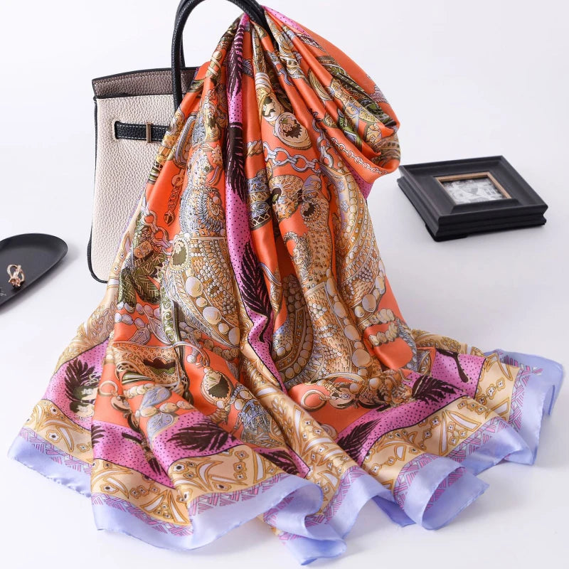 180*90 سم ماركة فاخرة أوشحة حرير صيفية للنساء شال لفافة ناعمة للنساء من أوروبا مصممة للشاطئ وشاح فولارد وشاح باريو