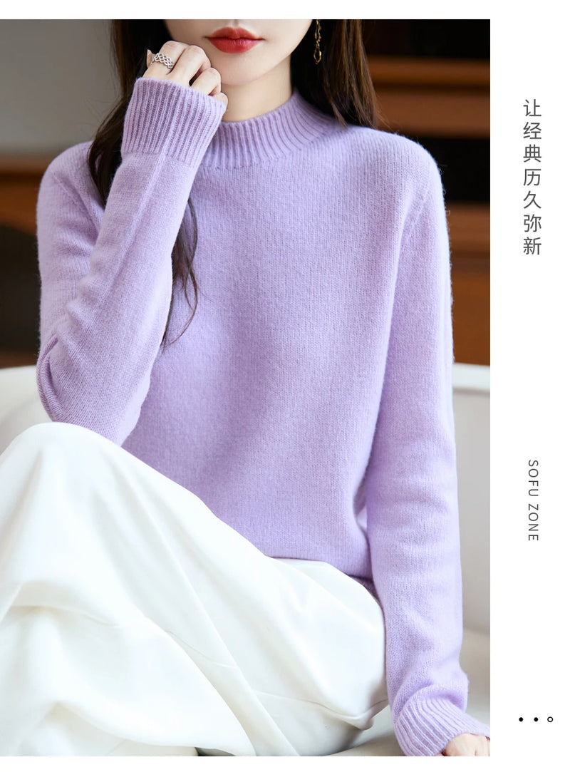 سترة نسائية أساسية للخريف والشتاء أنيقة سميكة من صوف ميرينو 100% محبوكة برقبة وهمية وملابس بأكمام طويلة