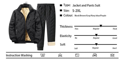 Men's Lamb Fleece Cotton Jacket and Pants 2-piece Set Autumn and Winter Thick Warm Sports Suit Casual Solid Color Coat and Pants