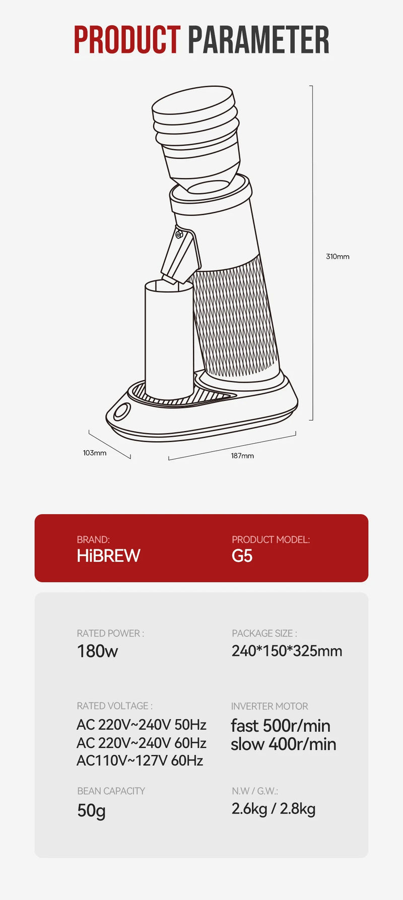 مطحنة قهوة كهربائية مخروطية صغيرة محمولة من HiBREW G5 مقاس 48 مم، مطحنة حبوب قهوة للمطبخ للإسبريسو والقهوة التركية