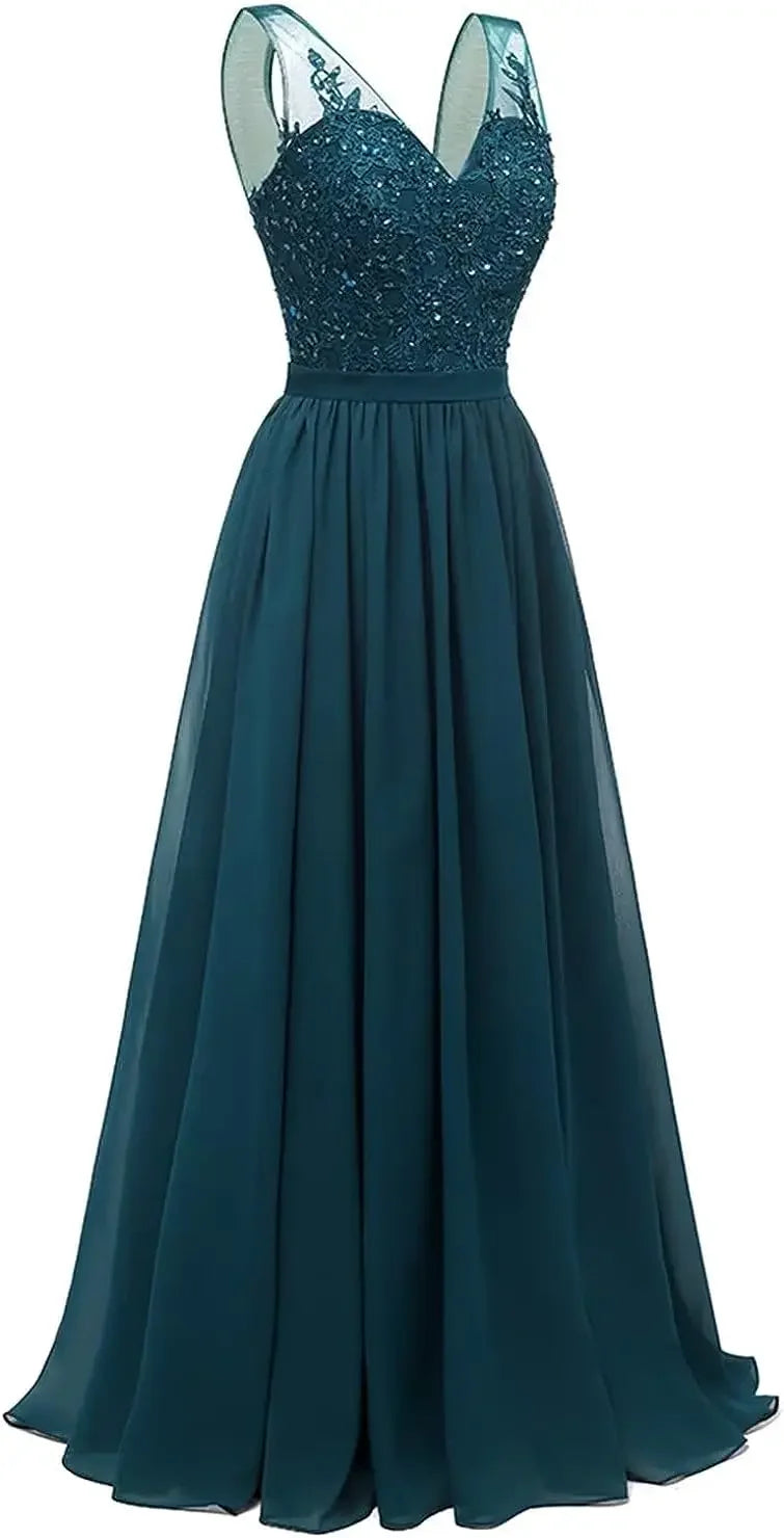 فساتين وصيفات العروس من الشيفون باللون الفيروزي بفتحة على شكل حرف V، طويلة من الدانتيل، مطرزة بالخرز، فساتين سهرة رسمية، توصيل مجاني، ضيف، حفل زفاف