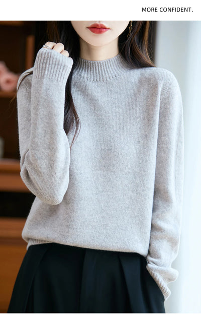 سترة نسائية أساسية للخريف والشتاء أنيقة سميكة من صوف ميرينو 100% محبوكة برقبة وهمية وملابس بأكمام طويلة