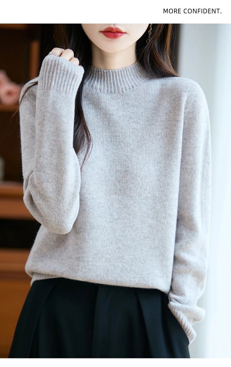 سترة نسائية أساسية للخريف والشتاء أنيقة سميكة من صوف ميرينو 100% محبوكة برقبة وهمية وملابس بأكمام طويلة