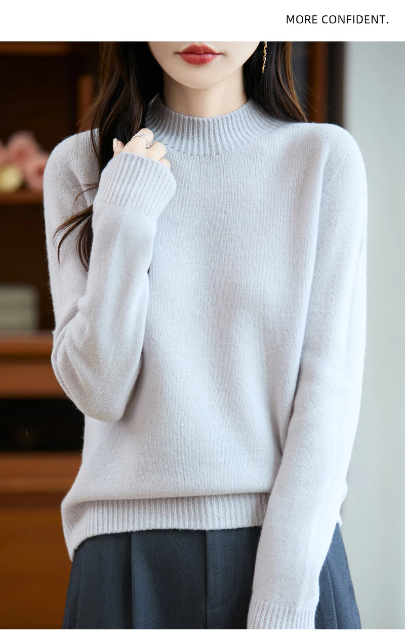 سترة نسائية أساسية للخريف والشتاء أنيقة سميكة من صوف ميرينو 100% محبوكة برقبة وهمية وملابس بأكمام طويلة