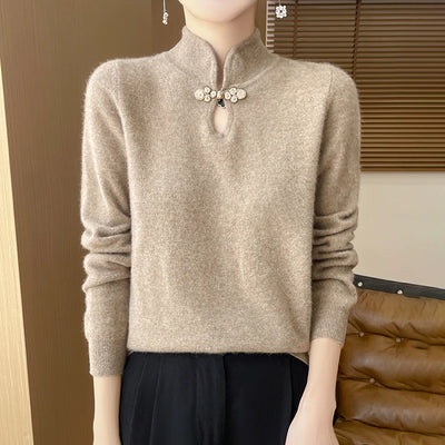 سترة نسائية جديدة محبوكة من الصوف على الطراز الصيني لفصل الخريف والشتاء بياقة واقفة ومزاجية أنيقة ZD-3012