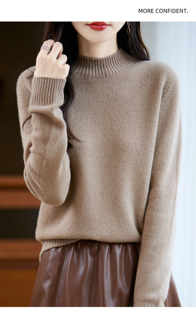 سترة نسائية أساسية للخريف والشتاء أنيقة سميكة من صوف ميرينو 100% محبوكة برقبة وهمية وملابس بأكمام طويلة