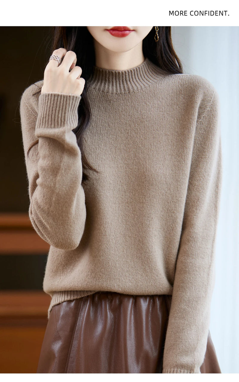 سترة نسائية أساسية للخريف والشتاء أنيقة سميكة من صوف ميرينو 100% محبوكة برقبة وهمية وملابس بأكمام طويلة