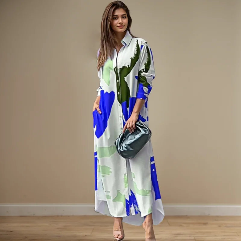 فستان طويل أنيق مثير بفتحة جانبية وياقة مطوية ومطبوع بأكمام طويلة وجيب وصدر واحد