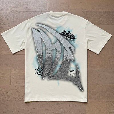 تي شيرت رجالي ونسائي فضفاض كاجوال برقبة دائرية وأكمام قصيرة، مطبوع عليه ملاك من High Street Fashion Hot Drill Streetwear MIXED EMOTION