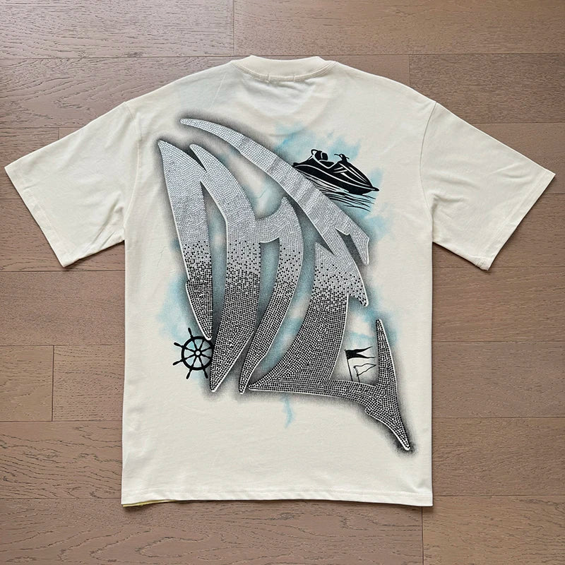 تي شيرت رجالي ونسائي فضفاض كاجوال برقبة دائرية وأكمام قصيرة، مطبوع عليه ملاك من High Street Fashion Hot Drill Streetwear MIXED EMOTION