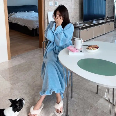 قميص نوم شتوي بأكمام طويلة من الفلانيل للنساء، ملابس نوم فضفاضة سادة، ملابس نوم سميكة ودافئة، ملابس نوم منزلية مريحة