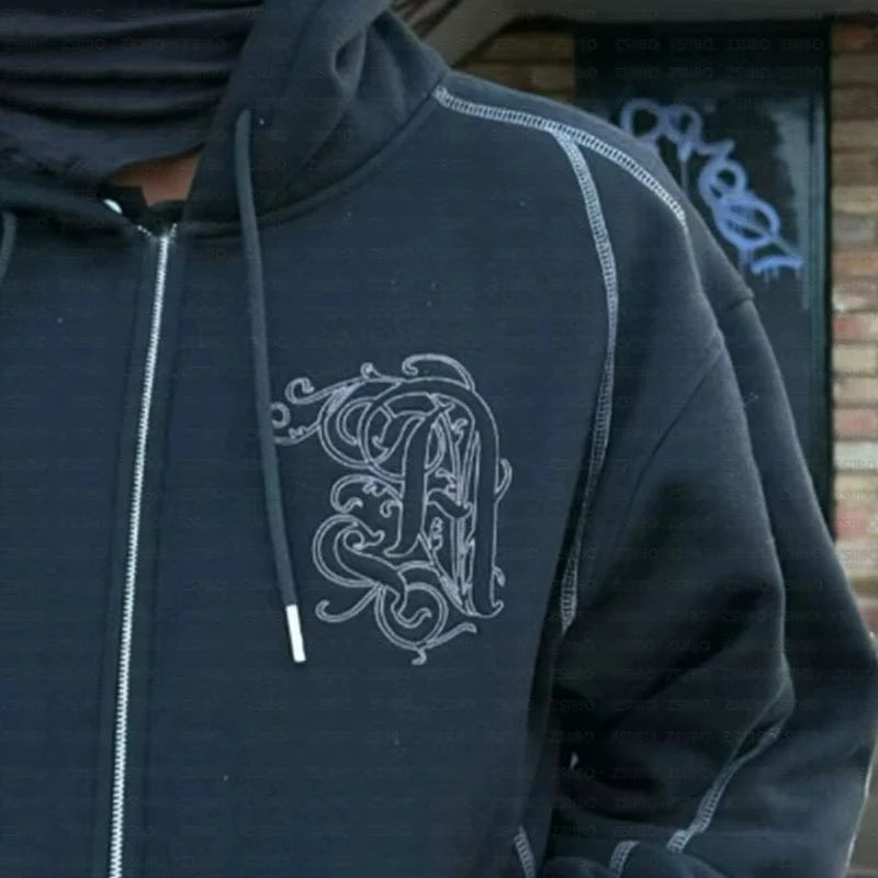 طقم سويت شيرت بقلنسوة وبنطال رياضي كاجوال بسحاب من أمريكا Y2K مكون من قطعتين، سويت شيرت هيب هوب مطرز كبير الحجم للرجال والنساء، بنطلون كاجوال