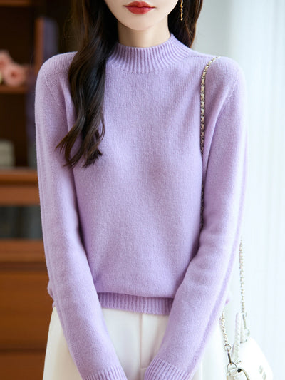 سترة نسائية أساسية للخريف والشتاء أنيقة سميكة من صوف ميرينو 100% محبوكة برقبة وهمية وملابس بأكمام طويلة