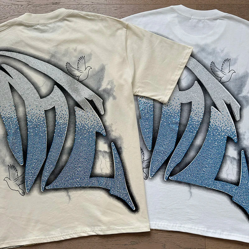 تي شيرت رجالي ونسائي فضفاض كاجوال برقبة دائرية وأكمام قصيرة، مطبوع عليه ملاك من High Street Fashion Hot Drill Streetwear MIXED EMOTION