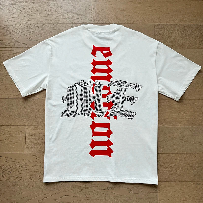 تي شيرت رجالي ونسائي فضفاض كاجوال برقبة دائرية وأكمام قصيرة، مطبوع عليه ملاك من High Street Fashion Hot Drill Streetwear MIXED EMOTION