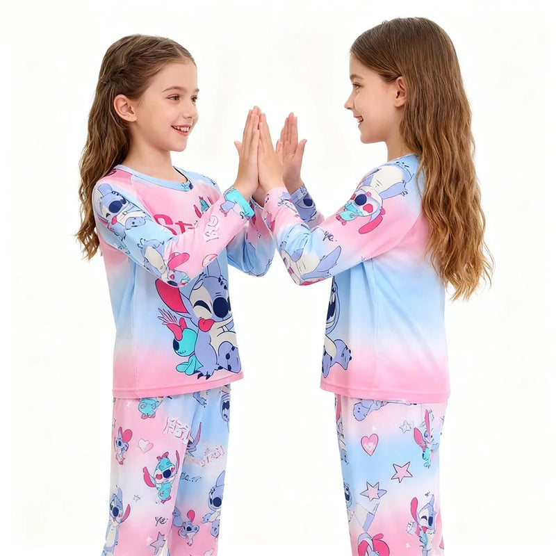 طقم بيجامات ناعم بأكمام كاملة من Lilo &amp; Stitch مناسب لفصل الربيع والخريف والشتاء للبنات، ملابس نوم مريحة للأطفال، ملابس نوم مريحة