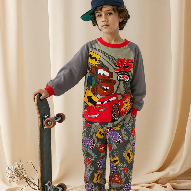 طقم بيجامات أطفال جديد من القطن الناعم مطبوع عليه سيارات، ملابس نوم بأكمام طويلة للأولاد الصغار، ملابس نوم للبنات