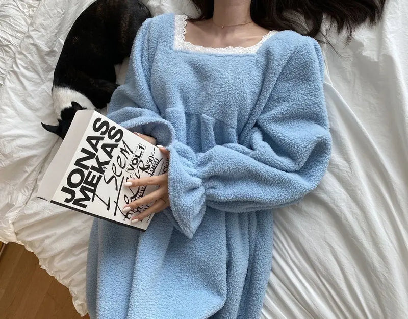 قميص نوم شتوي بأكمام طويلة من الفلانيل للنساء، ملابس نوم فضفاضة سادة، ملابس نوم سميكة ودافئة، ملابس نوم منزلية مريحة