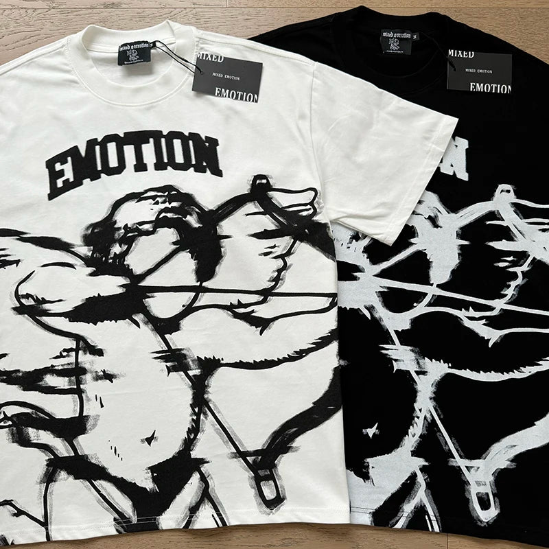 تي شيرت رجالي ونسائي فضفاض كاجوال برقبة دائرية وأكمام قصيرة، مطبوع عليه ملاك من High Street Fashion Hot Drill Streetwear MIXED EMOTION