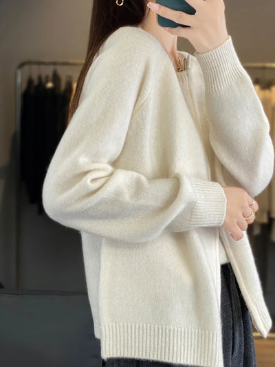 سترة MEELEX كاجوال خريفية شتوية ناعمة ودافئة للنساء من صوف ميرينو 100% محبوكة برقبة دائرية وسحاب وبلوزة سترة صوفية جديدة للنساء