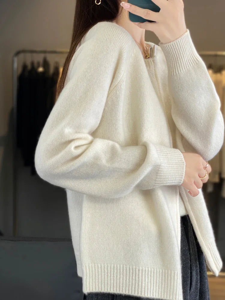 سترة MEELEX كاجوال خريفية شتوية ناعمة ودافئة للنساء من صوف ميرينو 100% محبوكة برقبة دائرية وسحاب وبلوزة سترة صوفية جديدة للنساء