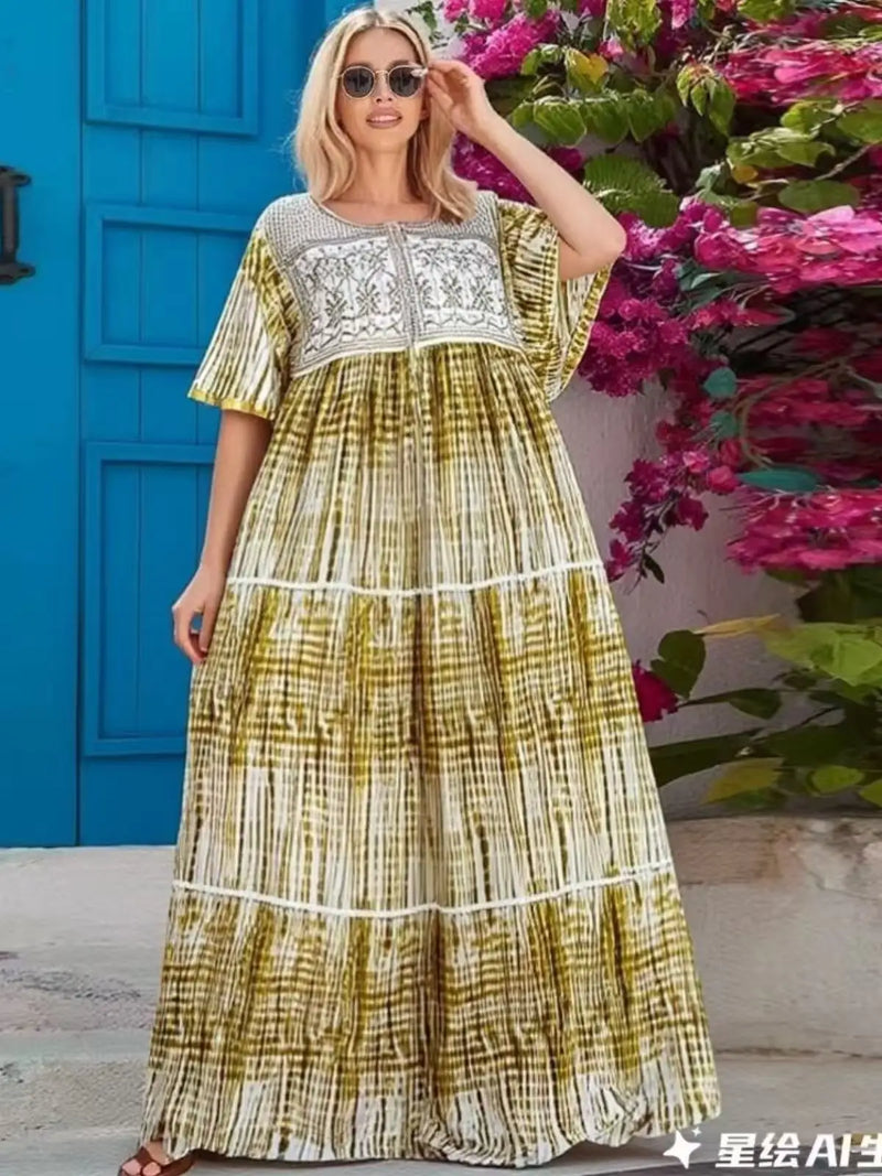 فستان صيفي جديد لعام 2025 عباية إسلامية بأكمام قصيرة وخصر مجمع مزهر فضفاض من بوبو ماكسي إسلامي للنساء ملابس عباية أفريقية