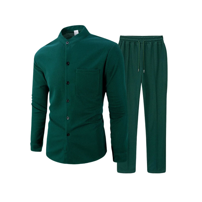 بدلة رجالية جديدة لفصل الخريف، قميص وافل سادة اللون بأكمام طويلة مع كارديجان بجيب، مجموعة ملابس رجالية أنيقة غير رسمية مع بنطلون طويل