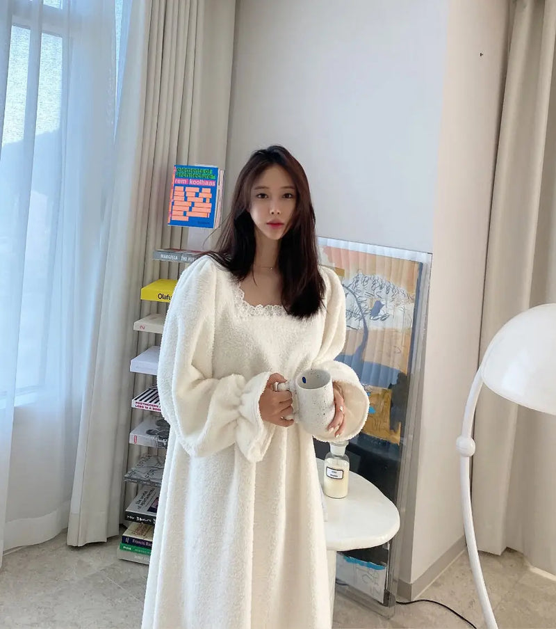 قميص نوم شتوي بأكمام طويلة من الفلانيل للنساء، ملابس نوم فضفاضة سادة، ملابس نوم سميكة ودافئة، ملابس نوم منزلية مريحة