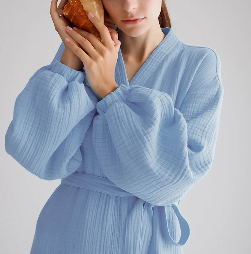 أردية حمام نسائية طويلة من قماش الموسلين 100% قطن، شاش، بأكمام طويلة، كاجوال فضفاضة، قابلة للتنفس، ضمادة صلبة، ملابس نوم ماكسي