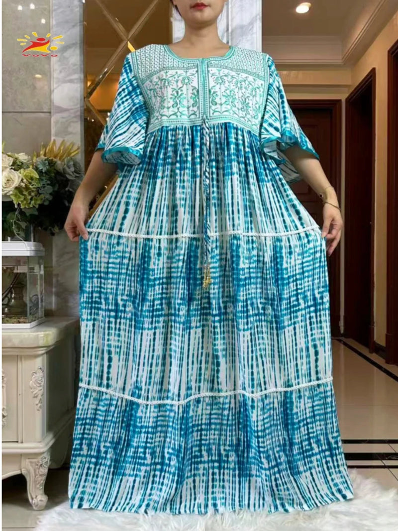 فستان صيفي جديد لعام 2025 عباية إسلامية بأكمام قصيرة وخصر مجمع مزهر فضفاض من بوبو ماكسي إسلامي للنساء ملابس عباية أفريقية