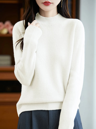 سترة نسائية أساسية للخريف والشتاء أنيقة سميكة من صوف ميرينو 100% محبوكة برقبة وهمية وملابس بأكمام طويلة