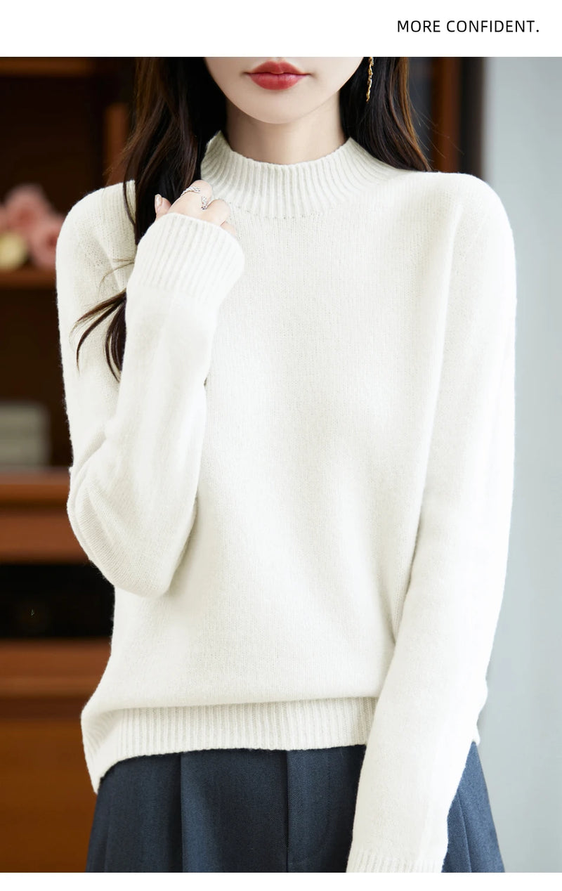 سترة نسائية أساسية للخريف والشتاء أنيقة سميكة من صوف ميرينو 100% محبوكة برقبة وهمية وملابس بأكمام طويلة