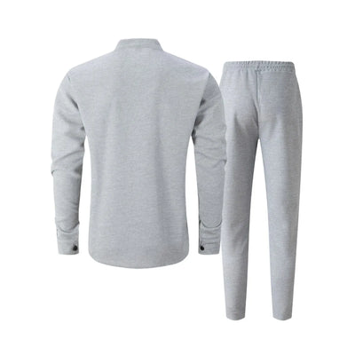 بدلة رجالية جديدة لفصل الخريف، قميص وافل سادة اللون بأكمام طويلة مع كارديجان بجيب، مجموعة ملابس رجالية أنيقة غير رسمية مع بنطلون طويل