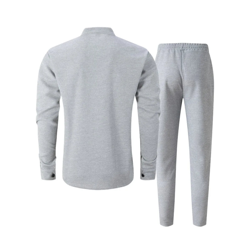 بدلة رجالية جديدة لفصل الخريف، قميص وافل سادة اللون بأكمام طويلة مع كارديجان بجيب، مجموعة ملابس رجالية أنيقة غير رسمية مع بنطلون طويل