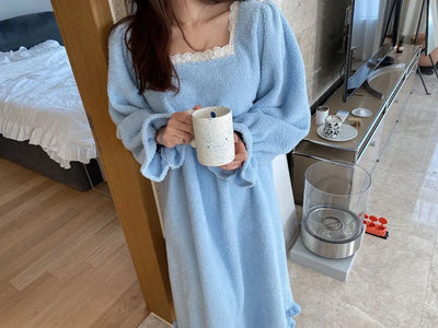 قميص نوم شتوي بأكمام طويلة من الفلانيل للنساء، ملابس نوم فضفاضة سادة، ملابس نوم سميكة ودافئة، ملابس نوم منزلية مريحة