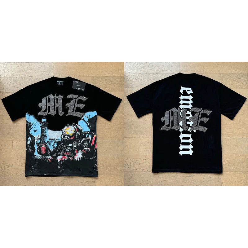 تي شيرت رجالي ونسائي فضفاض كاجوال برقبة دائرية وأكمام قصيرة، مطبوع عليه ملاك من High Street Fashion Hot Drill Streetwear MIXED EMOTION