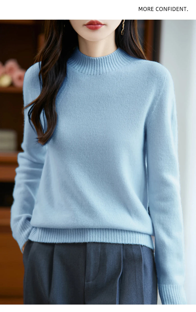 سترة نسائية أساسية للخريف والشتاء أنيقة سميكة من صوف ميرينو 100% محبوكة برقبة وهمية وملابس بأكمام طويلة