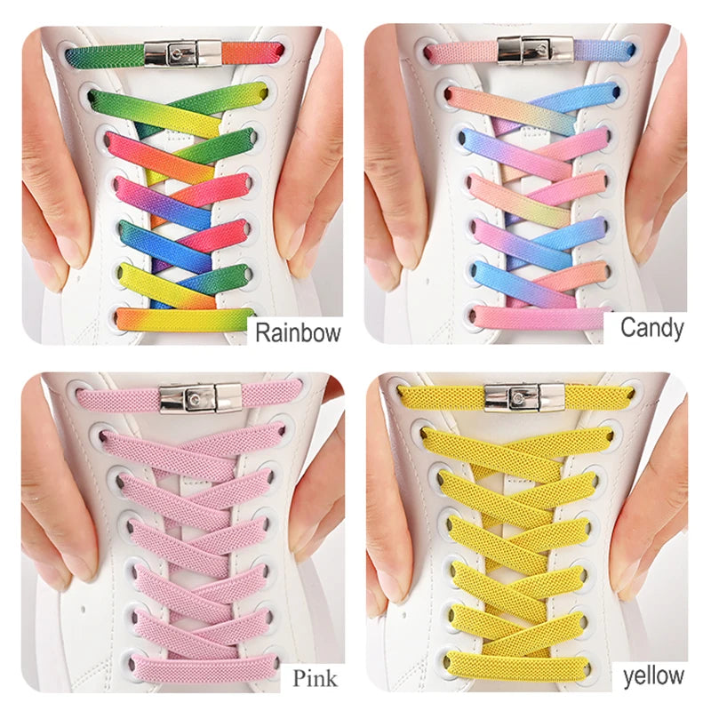 أربطة أحذية بدون رباط مقاس 8 مم، أربطة أحذية بقفل ضاغط بدون رباط، أربطة مرنة للأحذية الرياضية للأطفال والكبار، أربطة أحذية مسطحة واسعة للأحذية