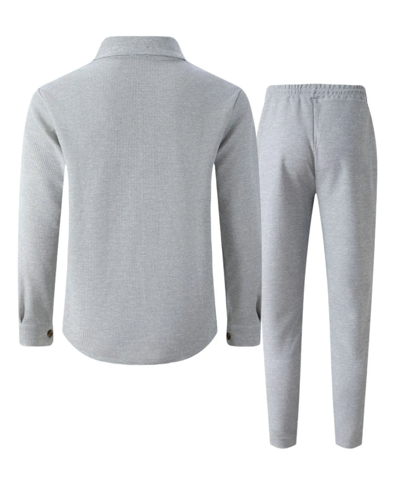 طقم قميص وبنطلون كارديجان بأكمام طويلة ولون سادة وجيبين وأزرار بتصميم خريفي جديد