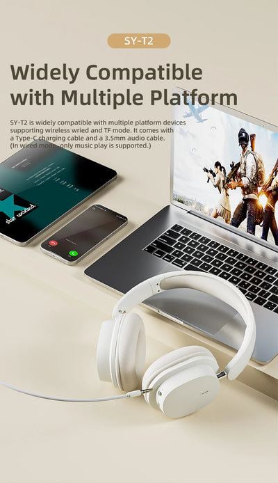 سماعة رأس بلوتوث أصلية SY-T2 عالية الجودة مع ميكروفون لاسلكي لتقليل الضوضاء وسماعات رأس سلكية للاعبين