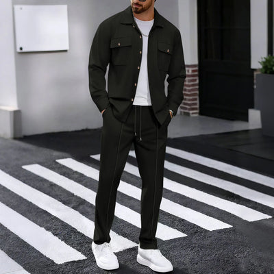 طقم قميص وبنطلون كارديجان بأكمام طويلة ولون سادة وجيبين وأزرار بتصميم خريفي جديد