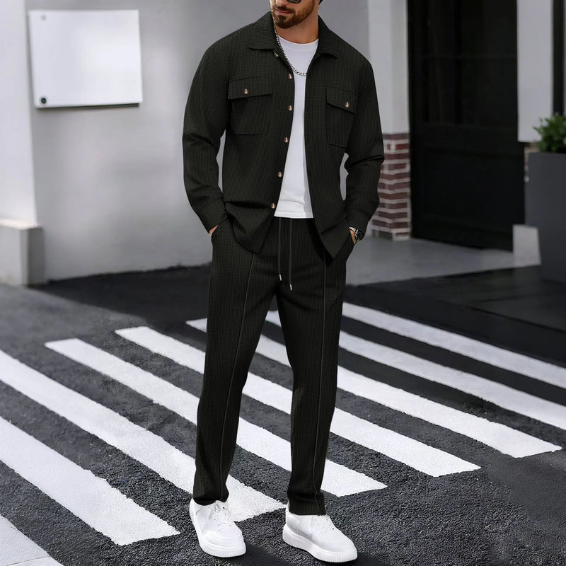 طقم قميص وبنطلون كارديجان بأكمام طويلة ولون سادة وجيبين وأزرار بتصميم خريفي جديد