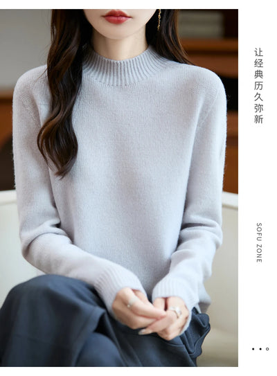 سترة نسائية أساسية للخريف والشتاء أنيقة سميكة من صوف ميرينو 100% محبوكة برقبة وهمية وملابس بأكمام طويلة