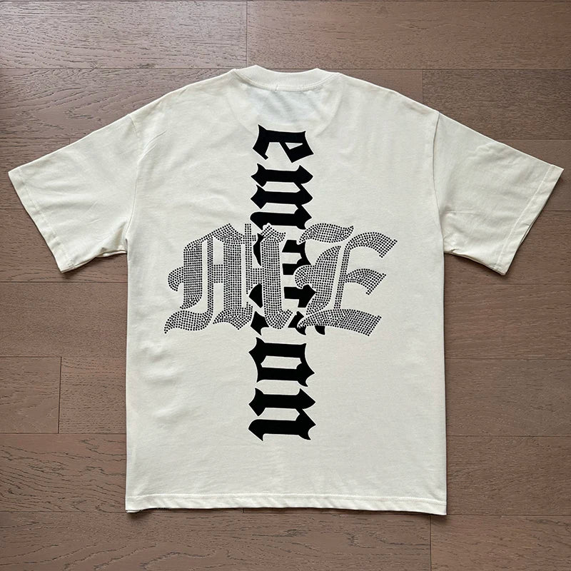 تي شيرت رجالي ونسائي فضفاض كاجوال برقبة دائرية وأكمام قصيرة، مطبوع عليه ملاك من High Street Fashion Hot Drill Streetwear MIXED EMOTION