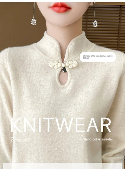 سترة نسائية جديدة محبوكة من الصوف على الطراز الصيني لفصل الخريف والشتاء بياقة واقفة ومزاجية أنيقة ZD-3012