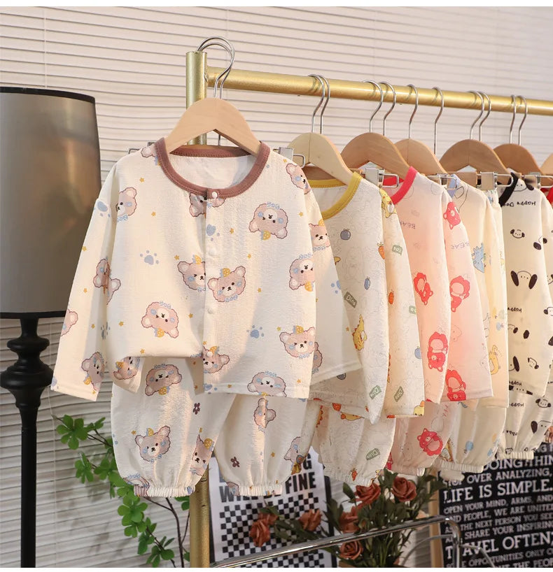 ملابس نوم جديدة للأطفال برسومات كرتونية لطيفة، قطعتين، بيجامات منزلية رقيقة للربيع والصيف للأولاد والبنات، ملابس مكيفة