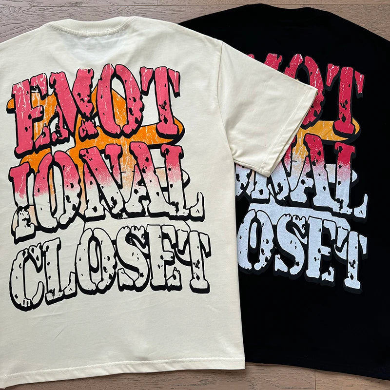 تي شيرت رجالي ونسائي فضفاض كاجوال برقبة دائرية وأكمام قصيرة، مطبوع عليه ملاك من High Street Fashion Hot Drill Streetwear MIXED EMOTION