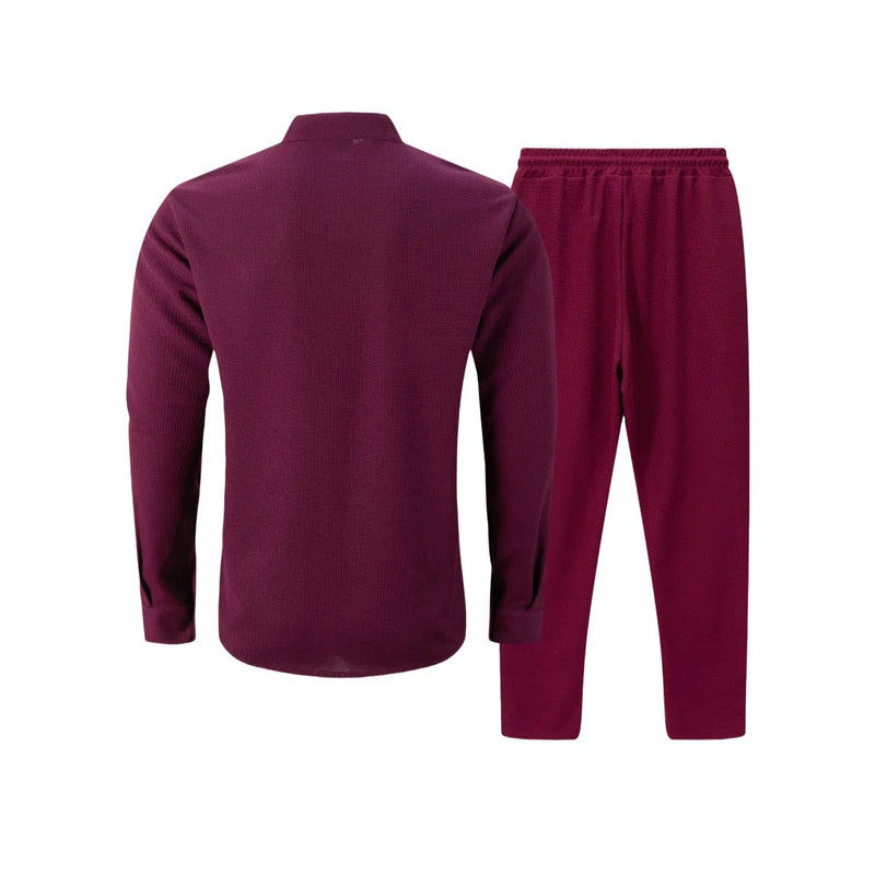 بدلة رجالية جديدة لفصل الخريف، قميص وافل سادة اللون بأكمام طويلة مع كارديجان بجيب، مجموعة ملابس رجالية أنيقة غير رسمية مع بنطلون طويل