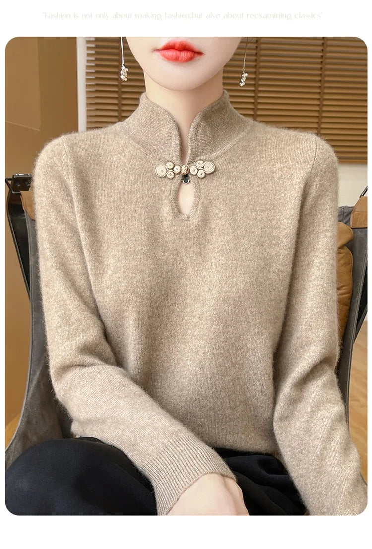 سترة نسائية جديدة محبوكة من الصوف على الطراز الصيني لفصل الخريف والشتاء بياقة واقفة ومزاجية أنيقة ZD-3012